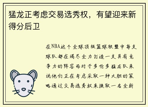 猛龙正考虑交易选秀权，有望迎来新得分后卫