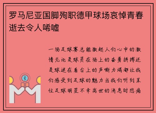 罗马尼亚国脚殉职德甲球场哀悼青春逝去令人唏嘘